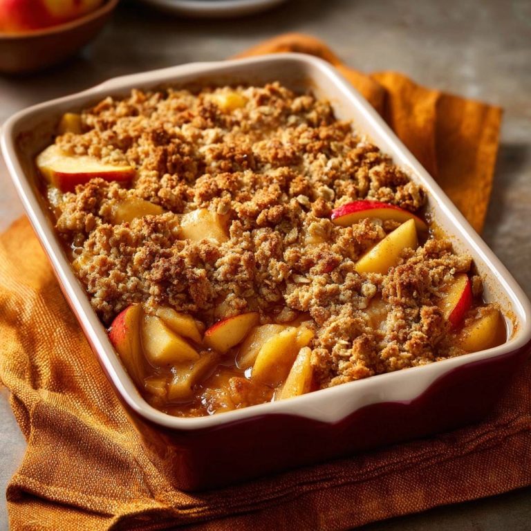 Knuspriger Apfel-Crumble in einer Backform, serviert in einer Draufsicht, mit knusprigem Streuselbelag.
