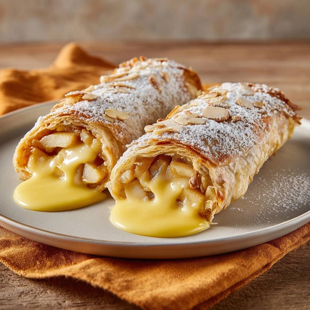 Knuspriger Apfel-Mandel-Strudel mit Vanillesauce in Nahaufnahme, mit einem Blick auf den köstlichen, cremigen Innenraum und die Vanillesauce.