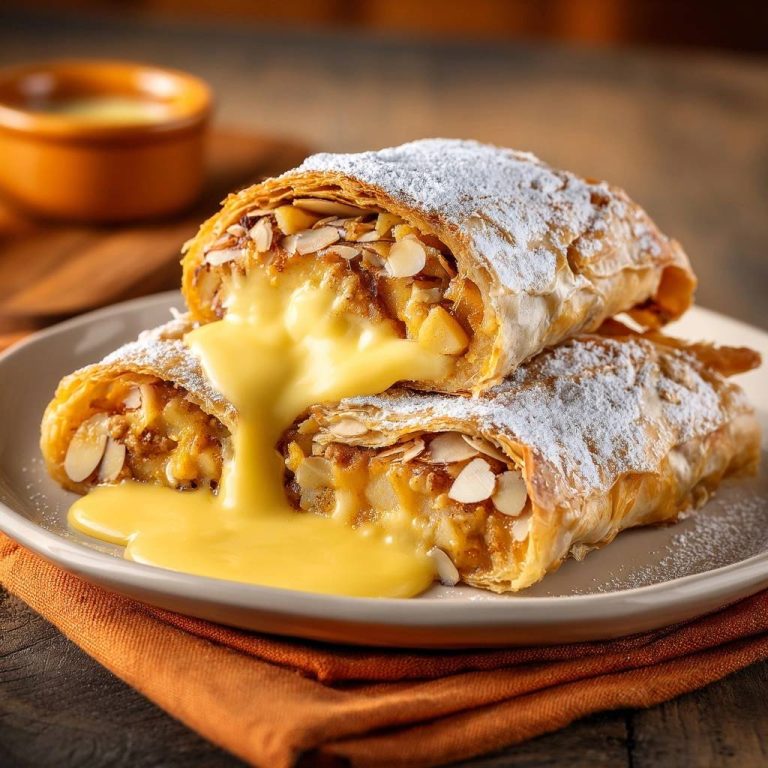 Knuspriger Apfel-Mandel-Strudel mit Vanillesauce im Querschnitt, der die köstliche Füllung aus Äpfeln und Mandeln zeigt, serviert mit Vanillesauce.