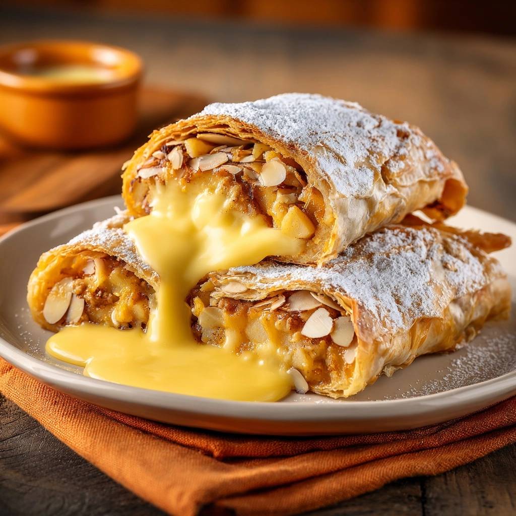 Knuspriger Apfel-Mandel-Strudel mit Vanillesauce im Querschnitt, der die köstliche Füllung aus Äpfeln und Mandeln zeigt, serviert mit Vanillesauce.