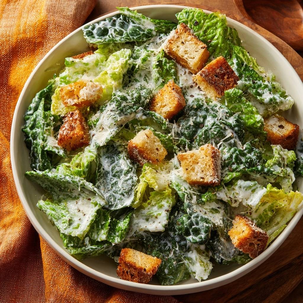 Knuspriger Caesar Salad Draufsicht 1 Knuspriger Caesar Salad, von oben gesehen, mit reichlich cremigen Dressing, Parmesan und knusprigen Croutons in einer Schüssel.