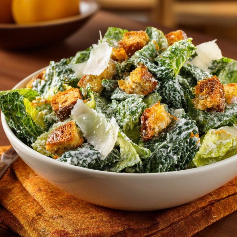 Knuspriger Caesar Salad in einer Nahaufnahme, serviert in einer weißen Schüssel, mit knusprigen Croutons und Parmesan. Dieser köstliche Salat ist perfekt für das Mittagessen.