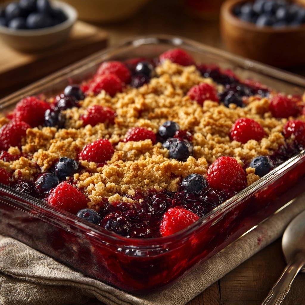 Knuspriger Himbeer-Blaubeer-Crumble in einer Glasform, mit frischen Himbeeren und Blaubeeren, aus der Vogelperspektive gesehen.