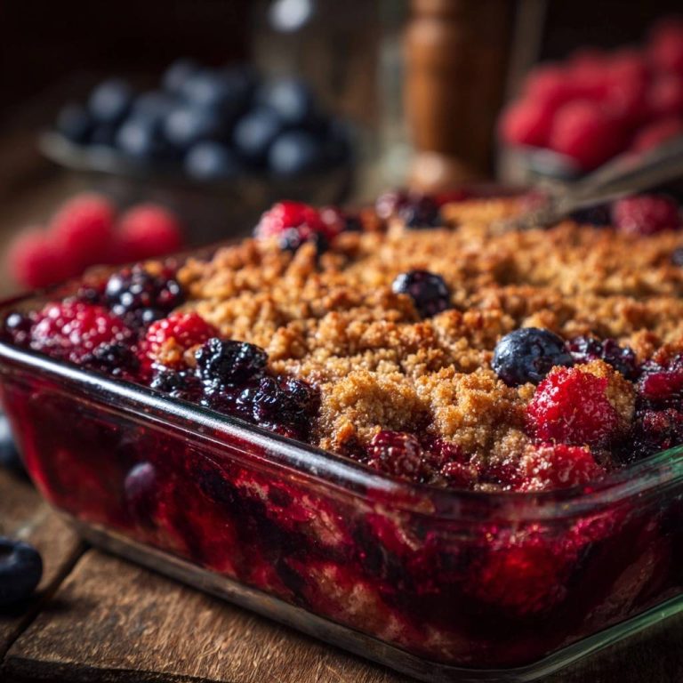 Knuspriger Himbeer-Blaubeer-Crumble in Nahaufnahme, mit knusprigem Streuselbelag und einer Fülle von frischen Beeren.