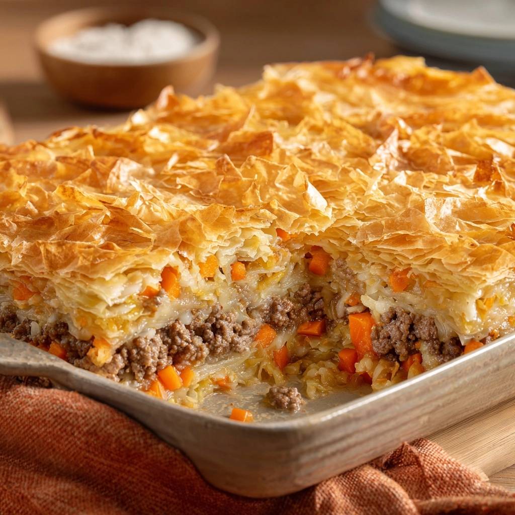 Knuspriger Kartoffel Hack Auflauf Querschnitt 1 Knuspriger Kartoffel-Hack-Auflauf präsentiert einen appetitlichen Querschnitt, der die saftige Hackfleischschicht und die knusprige Kruste zeigt.