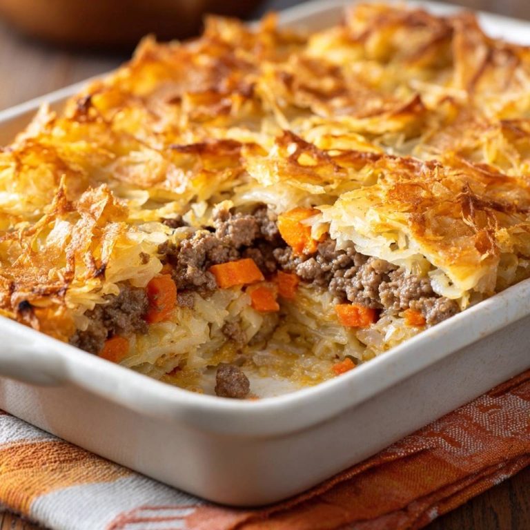 Knuspriger Kartoffel-Hack-Auflauf mit perfekter Kruste, hier im Querschnitt, zeigt die saftige Füllung mit Hackfleisch und Gemüse.