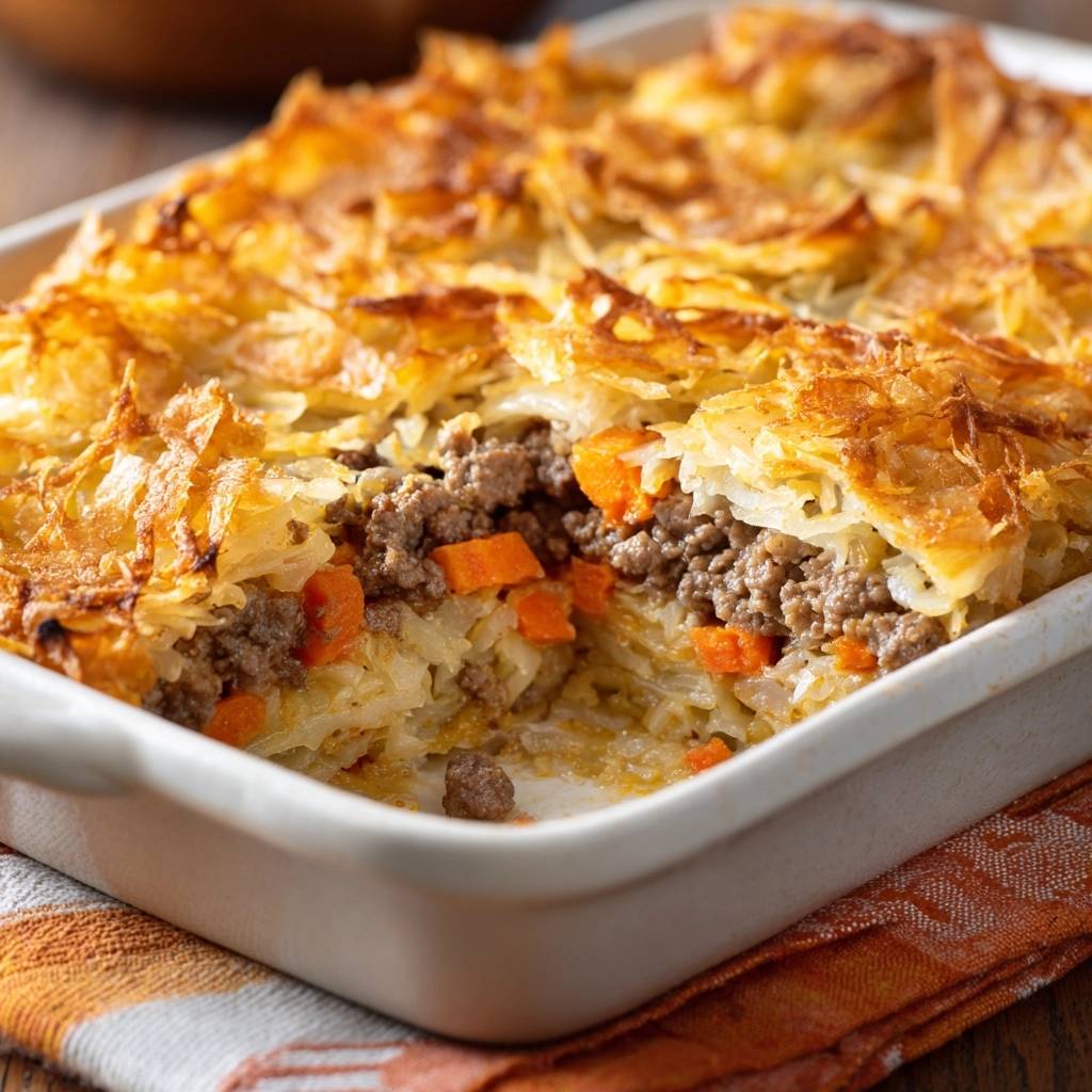 Knuspriger Kartoffel-Hack-Auflauf mit perfekter Kruste, hier im Querschnitt, zeigt die saftige Füllung mit Hackfleisch und Gemüse.
