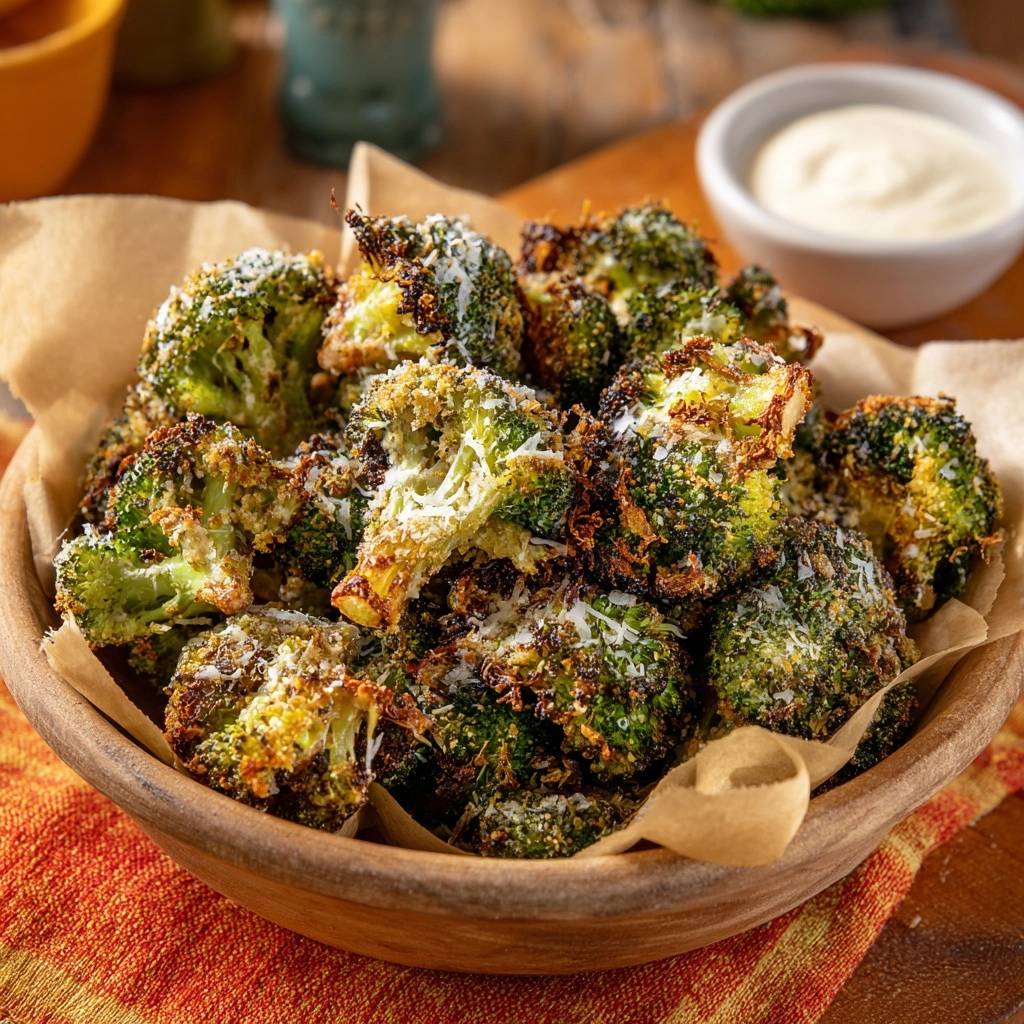 Knuspriger Ofen Brokkoli Mit Joghurt Dip Serviert 1 Knuspriger Ofen-Brokkoli mit Joghurt-Dip serviert in einer rustikalen Holzschüssel, garniert mit geriebenem Käse und serviert mit einem cremigen Dip.