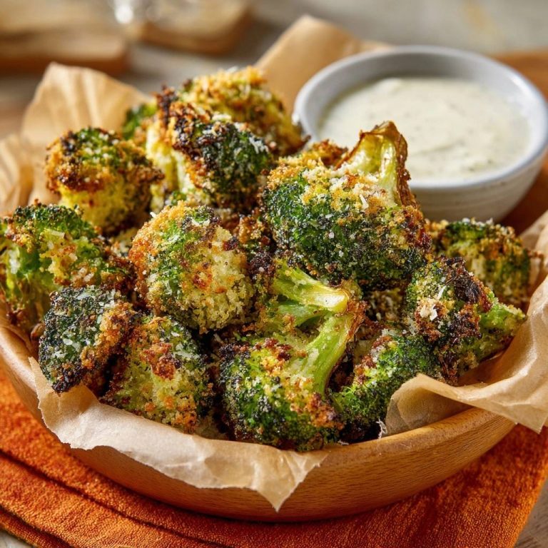 Knuspriger Ofen-Brokkoli mit Joghurt-Dip serviert in einer Holzschale, daneben ein cremiger Dip, perfekt für einen Snack.