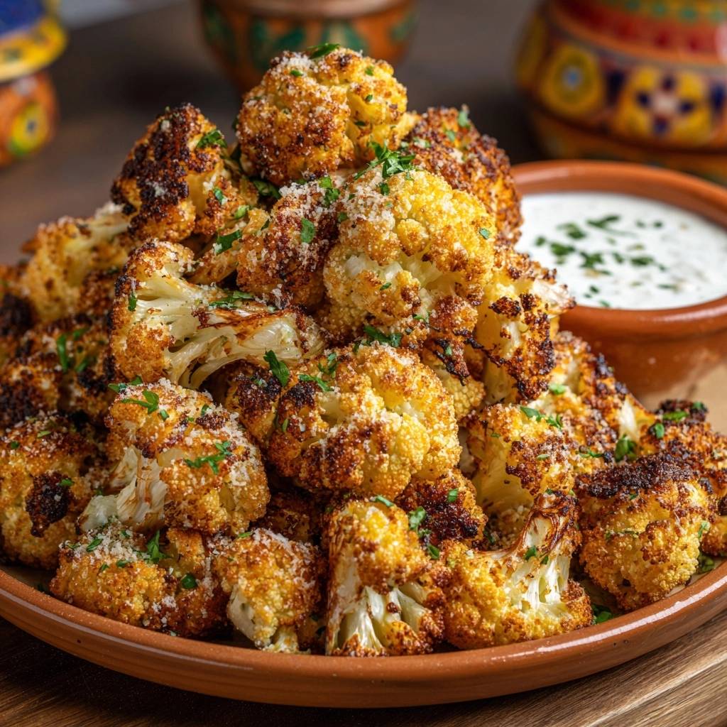 Knuspriger Panko-Blumenkohl mit Kräuter-Dip, serviert auf einem rustikalen Teller, mit frisch gehackten Kräutern und köstlichem Kräuter-Dip.