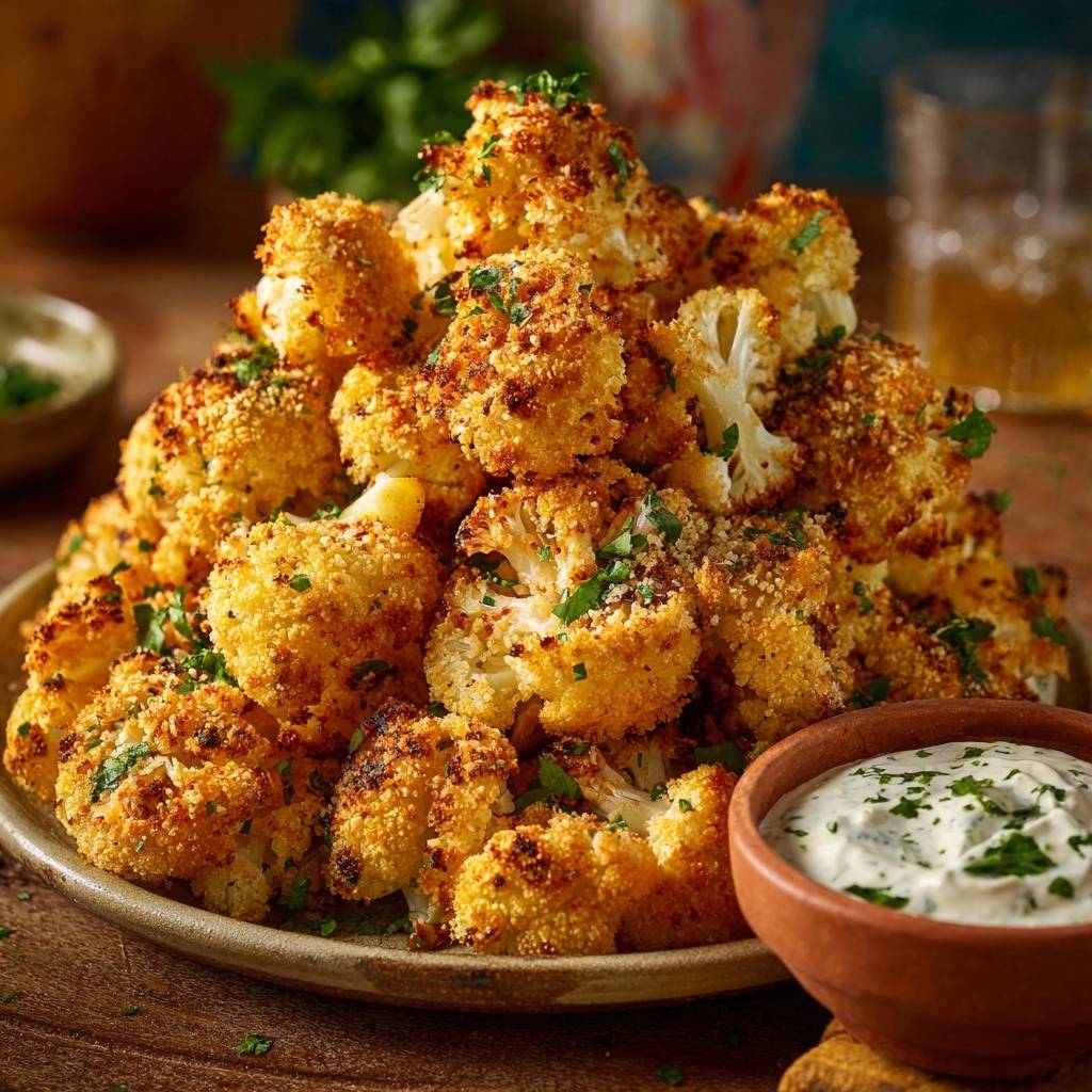 Knuspriger Panko-Blumenkohl mit Kräuter-Dip, serviert auf einem rustikalen Teller, garniert mit frischer Petersilie und bereit zum Servieren.