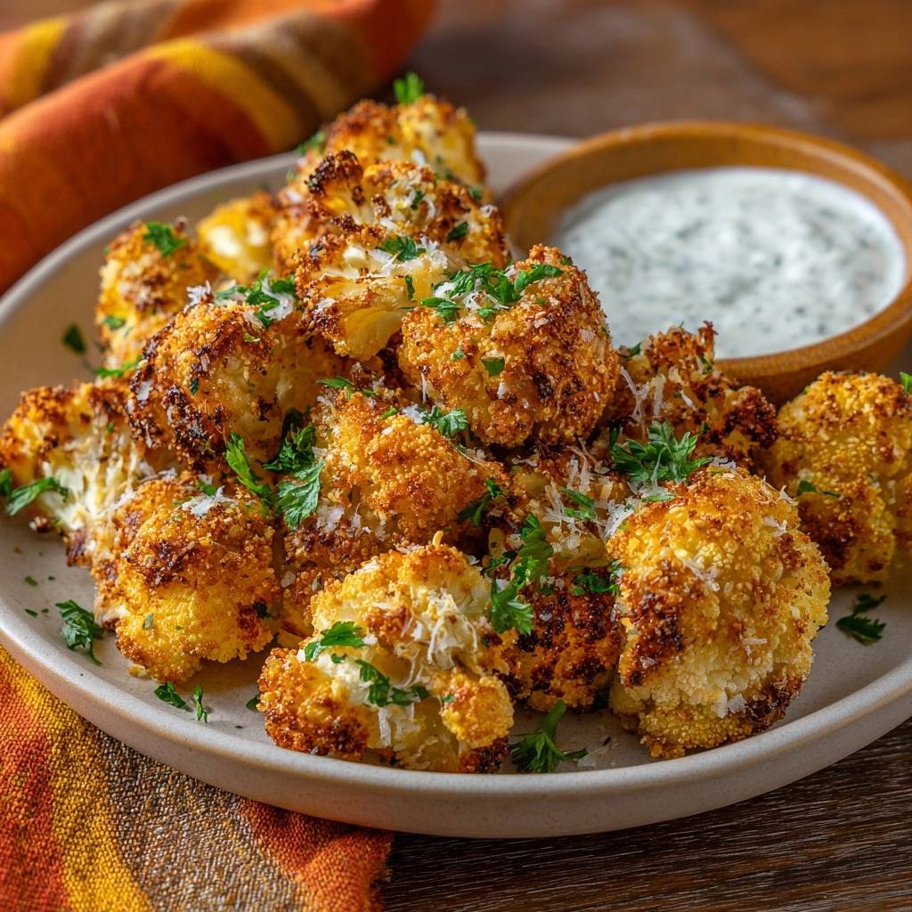 Knuspriger Parmesan Bluetenkohl Draufsicht Serviert 1 Knuspriger Parmesan-Blütenkohl, serviert auf einem Teller, mit frischer Petersilie und Parmesan garniert, von oben betrachtet. Dazu eine Schale mit Dip.