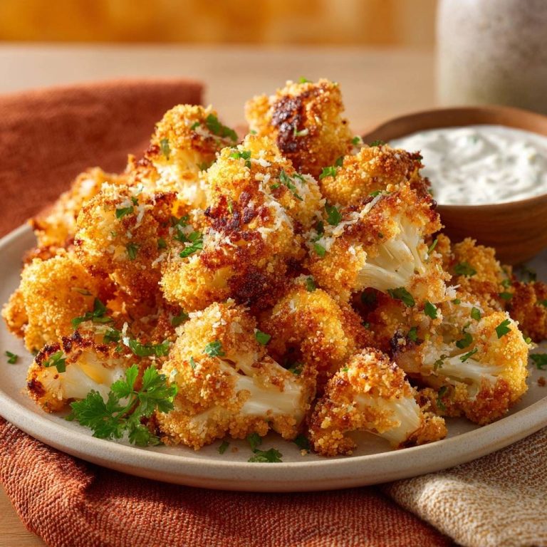 Knuspriger Parmesan-Blütenkohl serviert auf einem rustikalen Teller, garniert mit frischer Petersilie und Parmesan. Dazu wird ein cremiger Dip serviert.