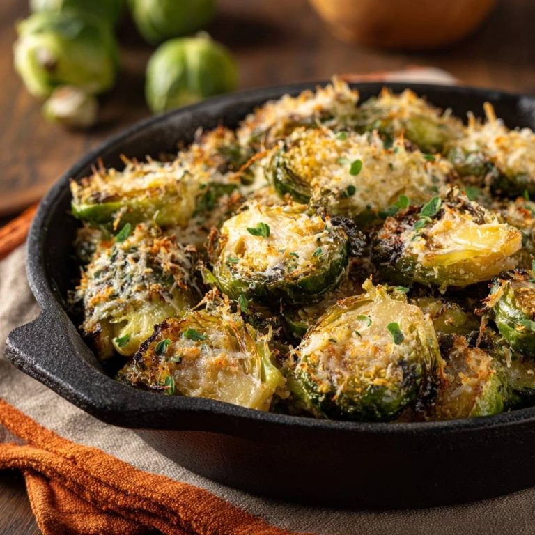 Knuspriger Parmesan-Rosenkohl aus der Pfanne, serviert in einer schwarzen Pfanne, mit knusprigem Käse bedeckt und von oben fotografiert.