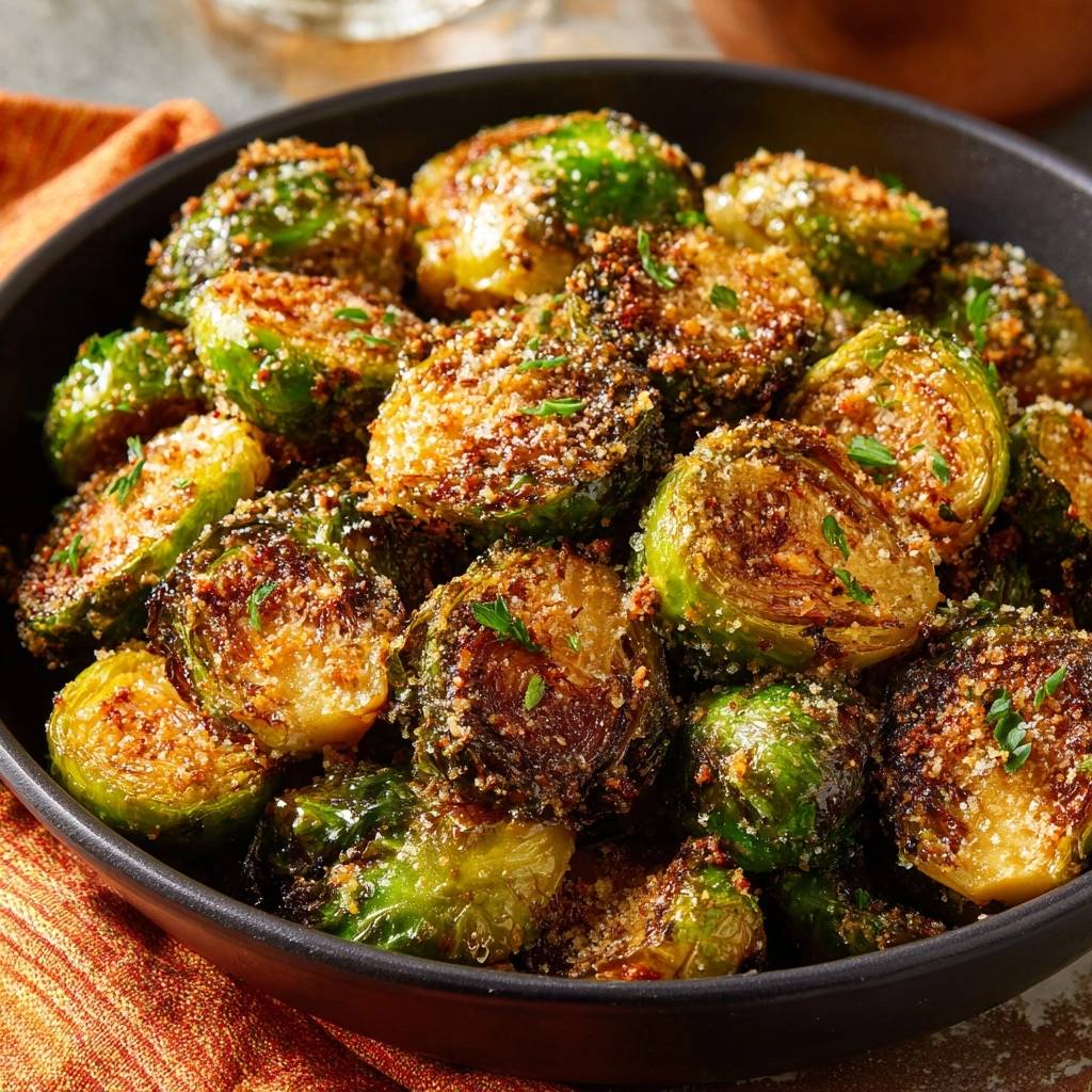 Knuspriger Parmesan Rosenkohl Aus Der Pfanne Nahaufnahme 1 Knuspriger Parmesan-Rosenkohl aus der Pfanne in Nahaufnahme, goldbraun gebraten und mit Parmesan bestreut in einer schwarzen Schüssel. Die Röschen sind knusprig.