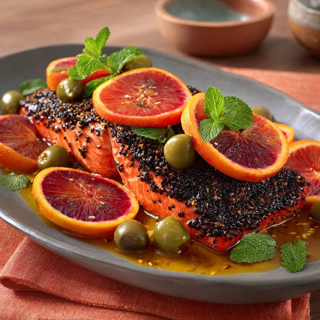 Knuspriger Sesam Lachs Mit Blutorangen Glaze Serviert 1 Knuspriger Sesam-Lachs mit Blutorangen-Glaze, serviert auf einem eleganten grauen Teller, garniert mit frischer Minze und Blutorangenscheiben.