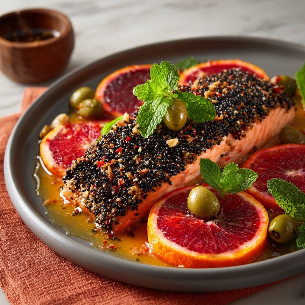 Knuspriger Sesam-Lachs mit Blutorangen-Glaze, serviert auf einem Teller mit Blutorangen-Scheiben, Oliven und frischer Minze als Garnierung.