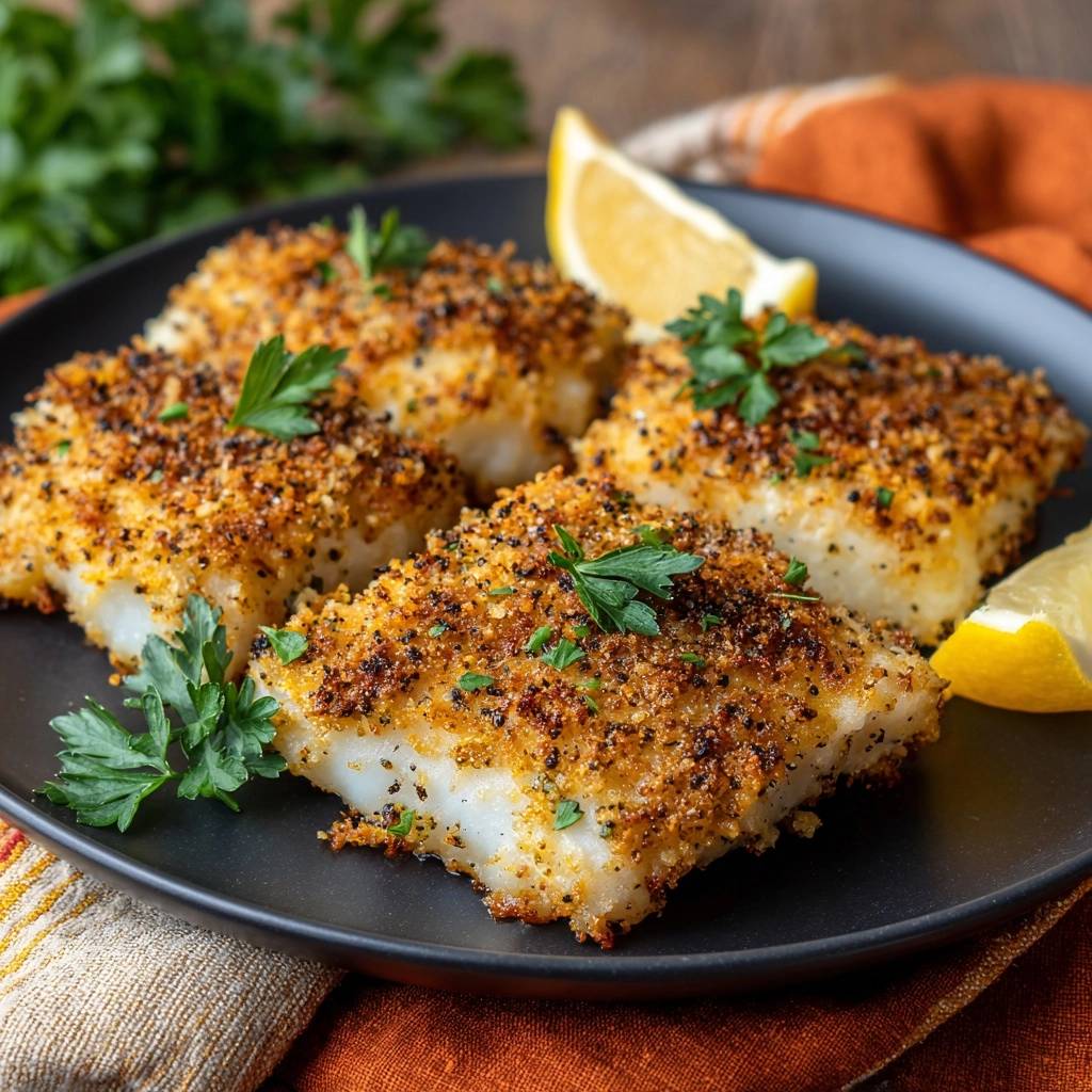 Knuspriger Sesam-Paniertes Fischfilet, serviert auf einem schwarzen Teller mit Zitronenspalten und frischer Petersilie, ein köstliches Gericht.