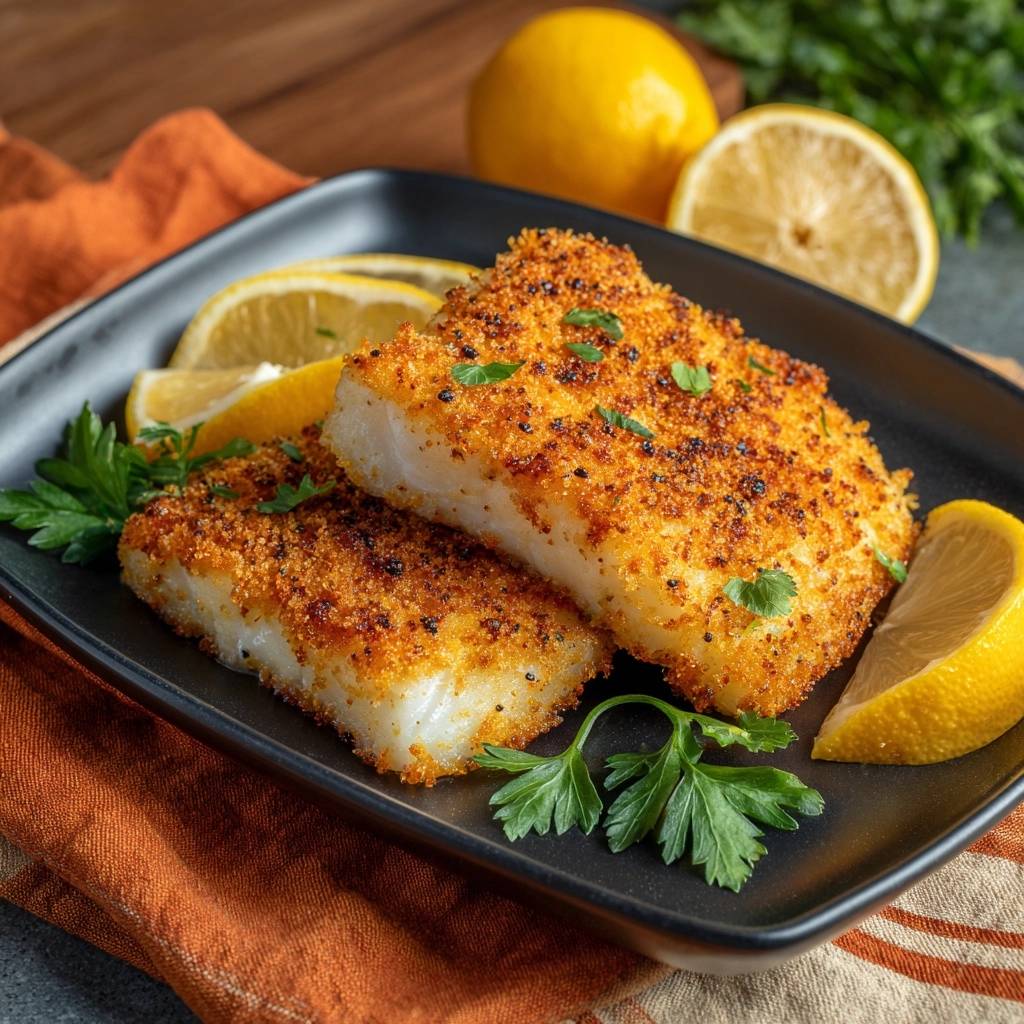 Knuspriger Sesam Paniertes Fischfilet Serviert 1 Knuspriges Sesam-Paniertes Fischfilet, serviert auf einem schwarzen Teller mit Zitronenscheiben und frischer Petersilie, sieht köstlich aus.