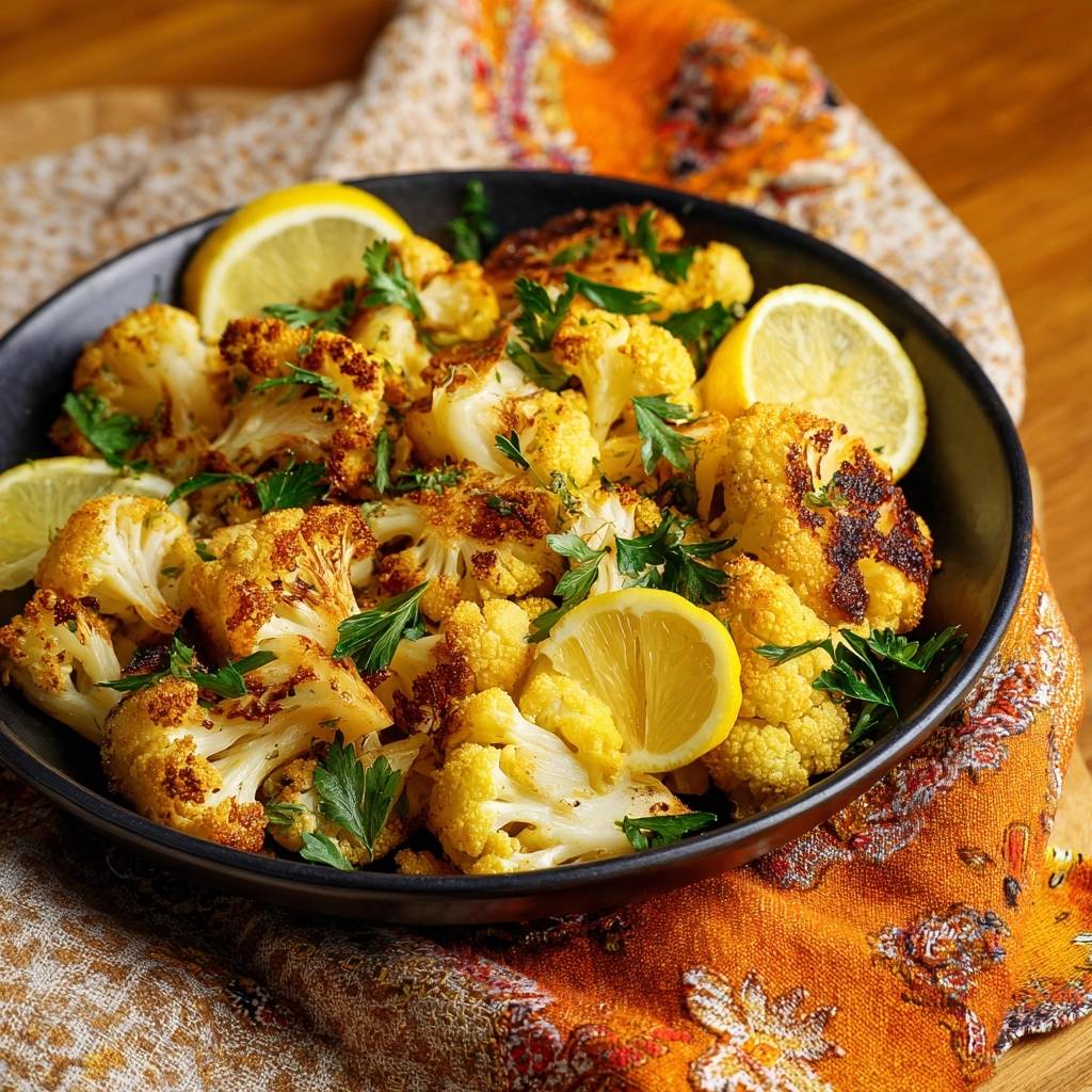 Knuspriger Zitronen-Blütenkohl, serviert in einer dunklen Schüssel, mit frischer Petersilie und Zitronenspalten garniert. Der geröstete Blumenkohl sieht appetitlich aus.