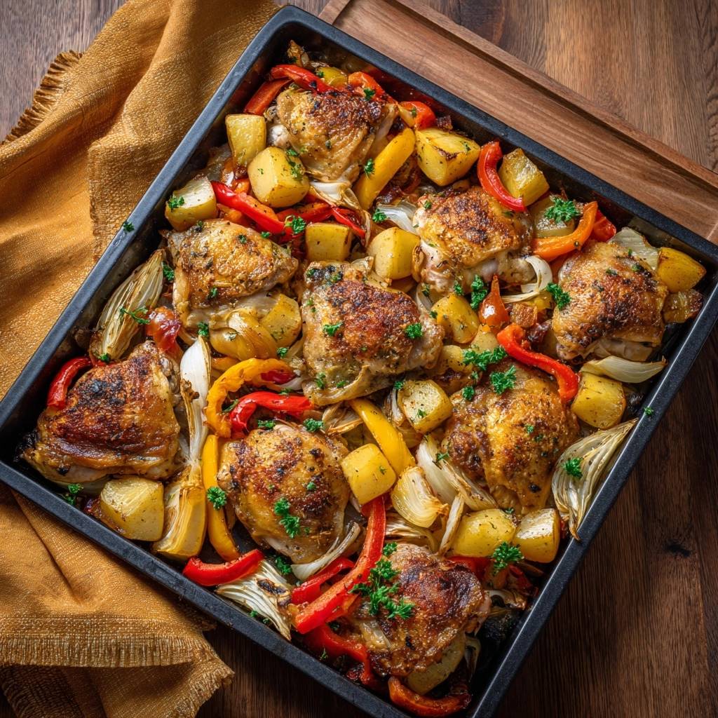 Knuspriges Hähnchen-Blech mit Paprika und Kartoffeln von oben gesehen, mit goldbraun gebratenem Hähnchen und buntem Gemüse in der Auflaufform.