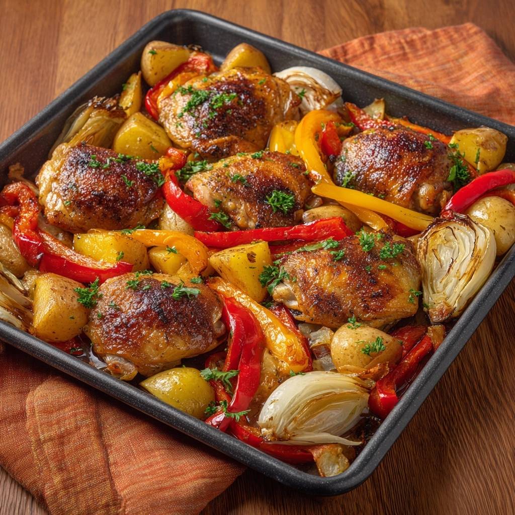 Knuspriges Hahnchen Blech Mit Paprika Und Kartoffeln Draufsi 1 Knuspriges Hähnchen-Blech mit Paprika und Kartoffeln in einer Auflaufform, mit goldbraun gebratenem Hähnchen und buntem Gemüse von oben betrachtet.