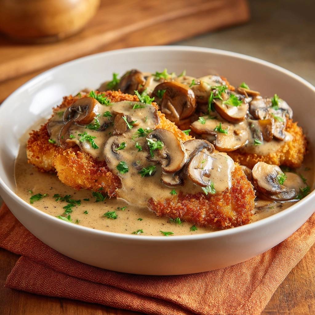 Knuspriges Hähnchenschnitzel mit Champignon-Rahmsauce serviert in einer tiefen Schüssel, garniert mit frischer Petersilie und cremiger Sauce.