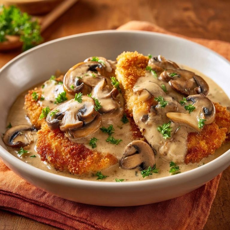 Knuspriges Hähnchenschnitzel mit Champignon-Rahmsauce serviert in einer tiefen Schüssel, garniert mit frischer Petersilie und cremiger Soße.
