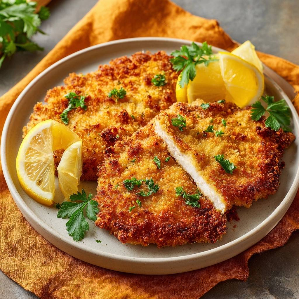 Knuspriges Hähnchen-Schnitzel mit Anschnitt, serviert mit Zitrone und Petersilie, zeigt die goldbraune Panade und das zarte Fleisch.