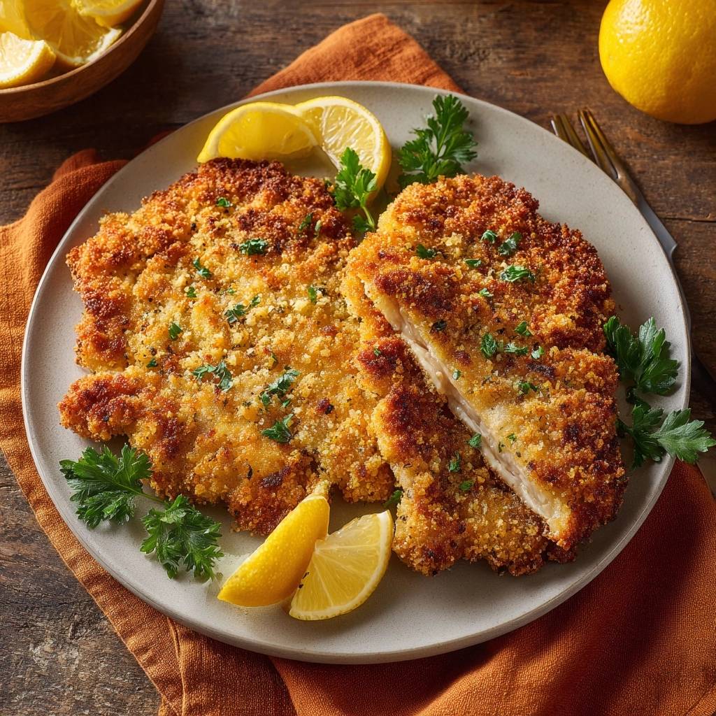 Knuspriges Hähnchen-Schnitzel mit Anschnitt, der das saftige Innere und die knusprige Panade zeigt. Mit Zitrone und Petersilie serviert.