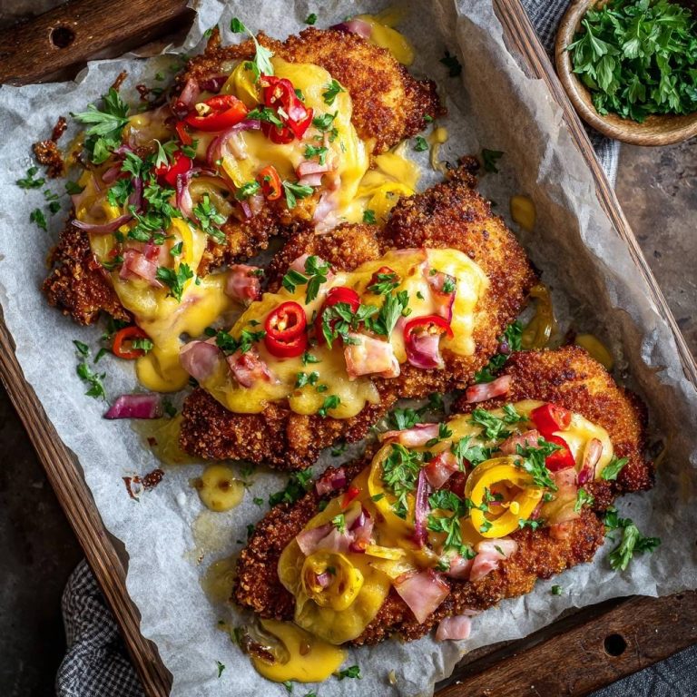 Knuspriges Hähnchen-Schnitzel mit scharfer Paprika-Käse-Pute-Kruste, serviert in einer rustikalen Holzschale, von oben fotografiert. Die knusprige Kruste ist reich belegt.