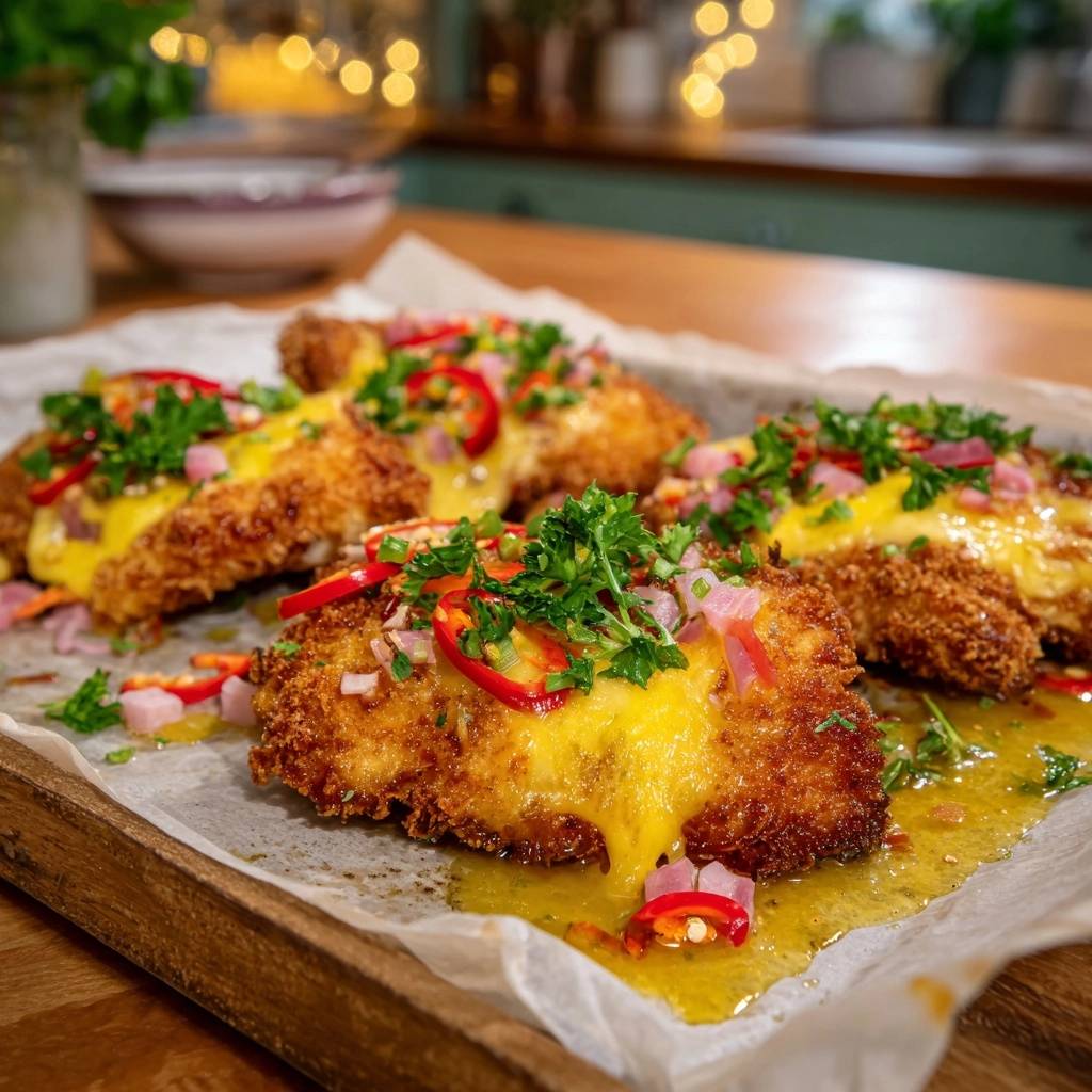 Knuspriges Huhnchen Schnitzel Scharfe Paprika Kase Kruste Se 1 Knuspriges Hähnchen-Schnitzel mit scharfer Paprika-Käse-Kruste serviert auf einem rustikalen Holztablett, garniert mit frischen Kräutern und Chili.