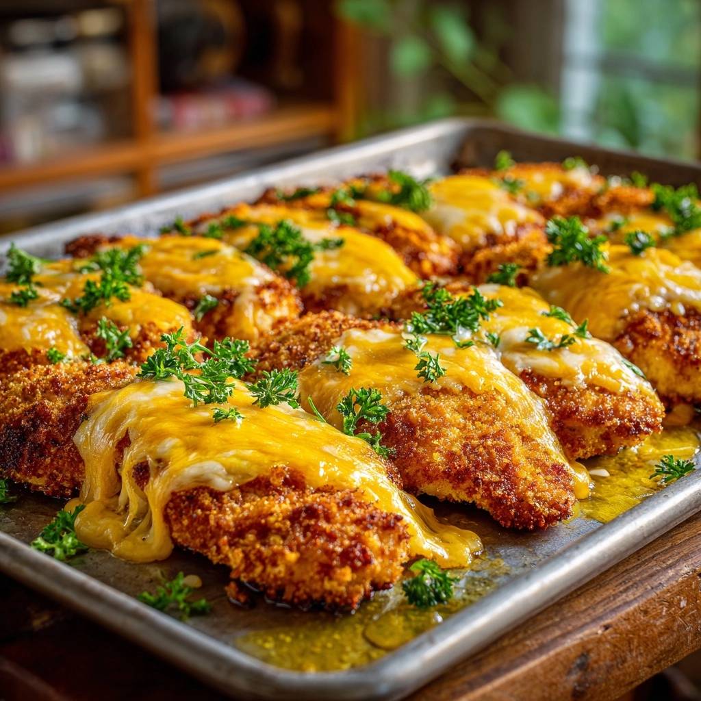 Knuspriges Ofenhähnchen mit Käse und Kräutern, auf einem Backblech serviert und mit frischer Petersilie garniert.