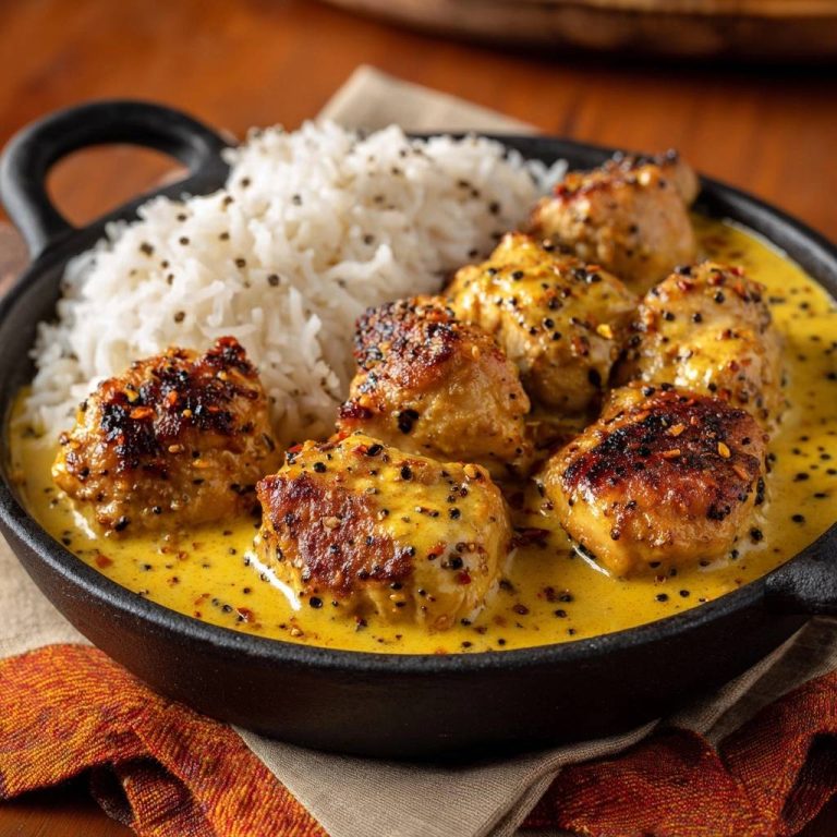 Knuspriges Pfeffer-Hühner-Curry mit Reis in einer schwarzen Pfanne, Nahaufnahme der knusprigen Hähnchenstücke mit cremiger Sauce.