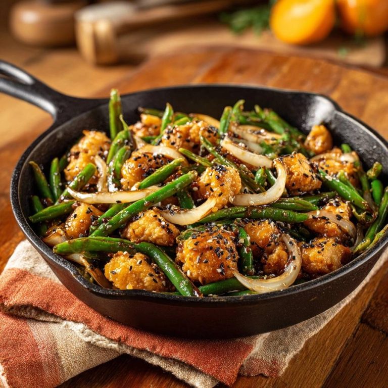 Knuspriges Sesam-Hähnchen mit grünen Bohnen in einer gusseisernen Pfanne serviert, garniert mit Sesam und Zwiebeln. Ein köstliches Gericht für Feinschmecker.