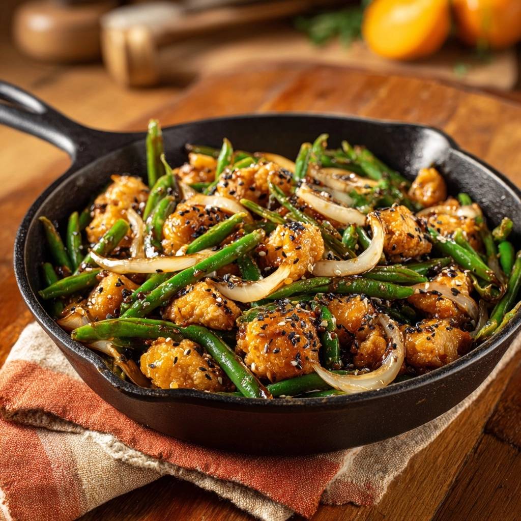 Knuspriges Sesam-Hähnchen mit grünen Bohnen in einer gusseisernen Pfanne serviert, garniert mit Sesam und Zwiebeln. Ein köstliches Gericht für Feinschmecker.