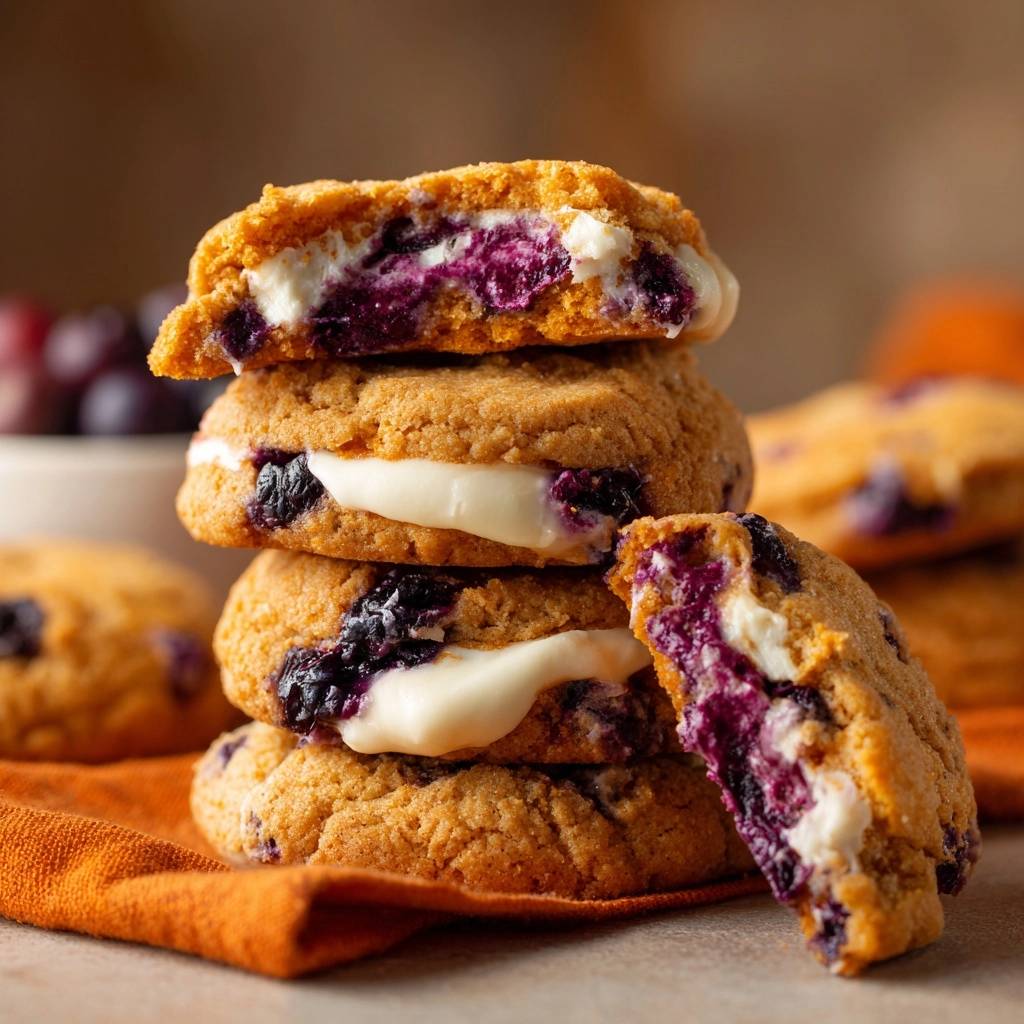 Kürbis-Blaubeer-Frischkäse-Cookies im Querschnitt, die eine cremige Frischkäsefüllung und saftige Blaubeeren zeigen, perfekt gebacken.
