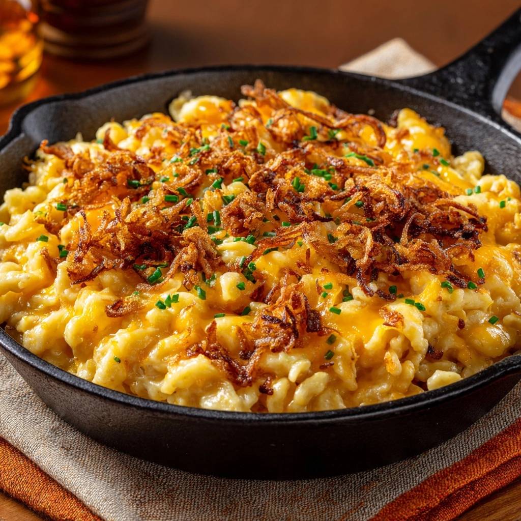 Käsespätzle mit knusprigen Zwiebeln und Schnittlauch, serviert in einer gusseisernen Pfanne mit Nahaufnahme der Textur.