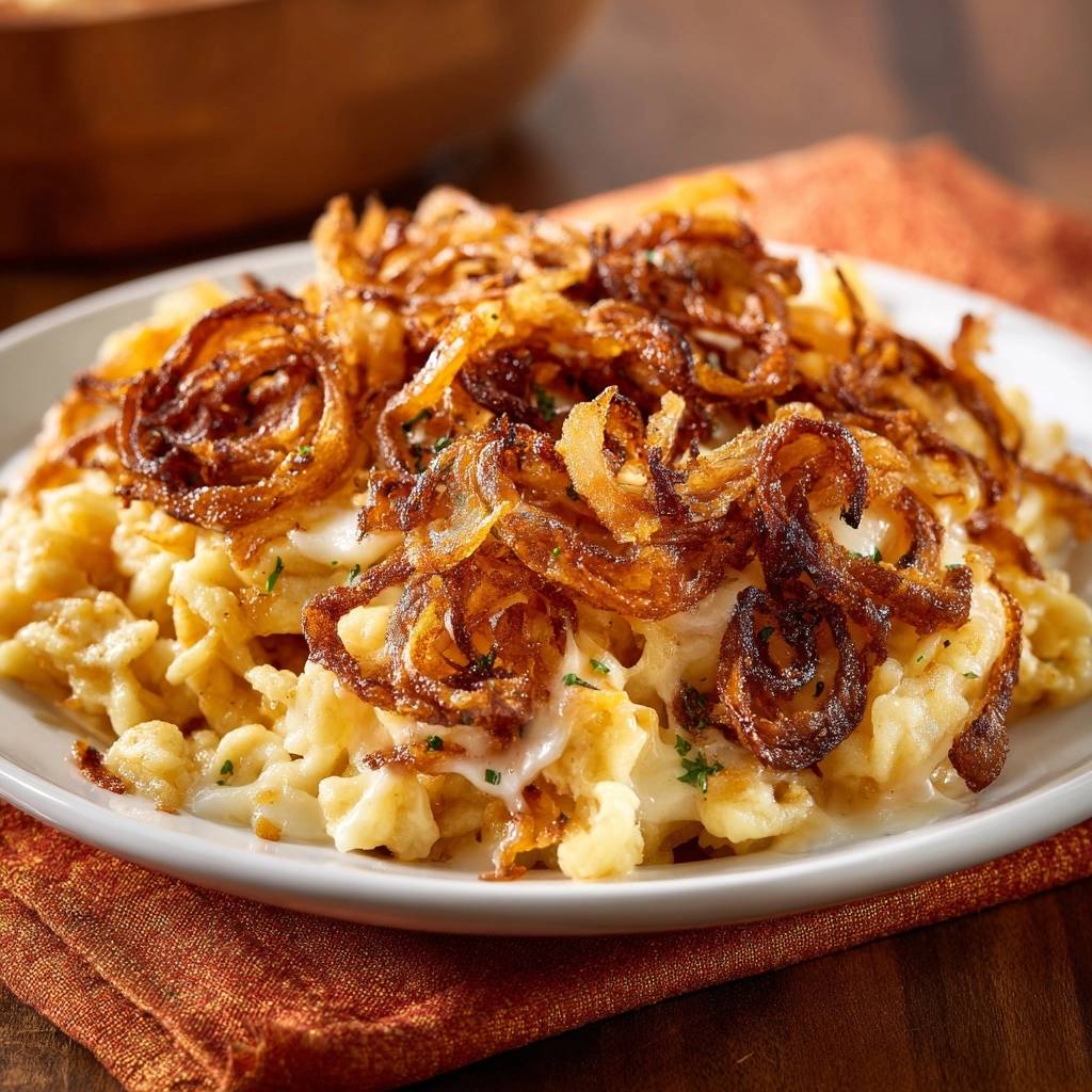 Ksesptzle Mit Knusprigen Zwiebeln Draufsicht 1 Käsespätzle mit knusprigen Zwiebeln, serviert auf einem weißen Teller, und von oben fotografiert, mit einer großzügigen Menge Zwiebeln.