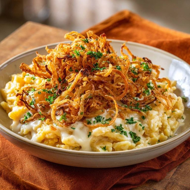 Käsespätzle mit knusprigen Zwiebeln, serviert in einer Schüssel. Knusprige Zwiebeln und frische Petersilie garnieren das cremige Gericht von oben.