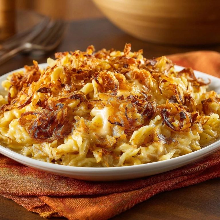 Käsespätzle mit knusprigen Zwiebeln, serviert auf einem weißen Teller, mit einer großzügigen Schicht goldbrauner, frittierter Zwiebeln.
