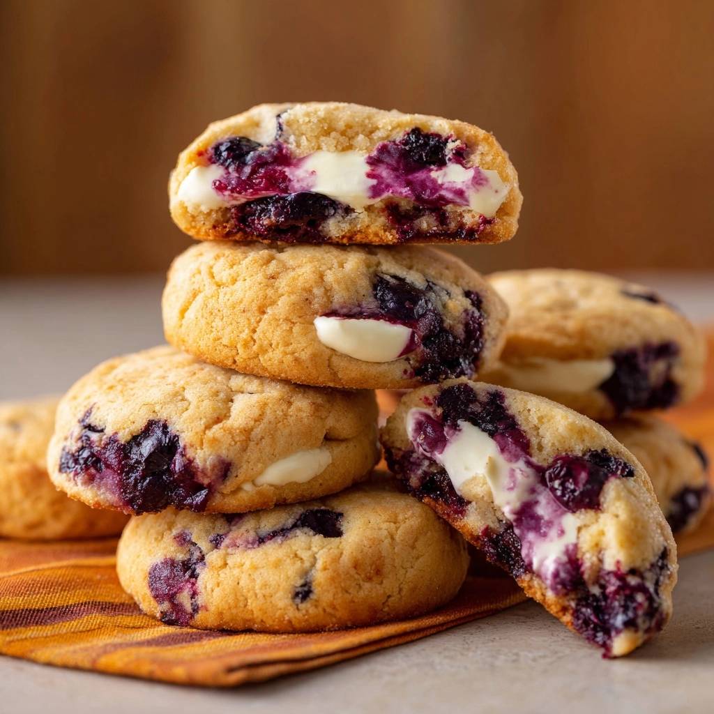 Kurbis Blaubeer Frischkase Cookies Querschnitt 1 Kürbis-Blaubeer-Frischkäse-Cookies mit einem Blick in den saftigen Querschnitt, der die cremige Frischkäsefüllung zeigt.