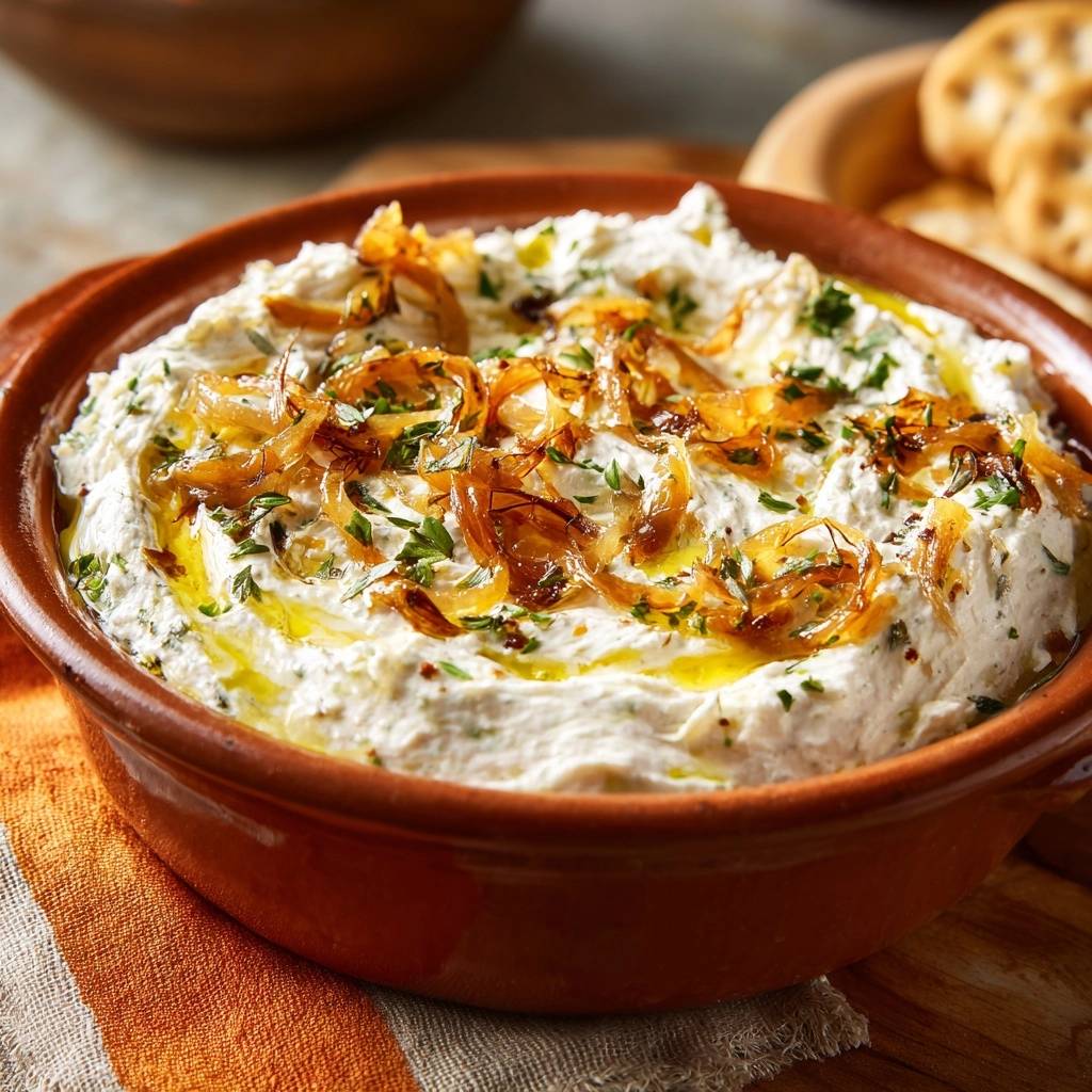 Labneh mit knusprigen Zwiebeln, serviert in einer rustikalen Schüssel, mit karamellisierten Zwiebeln und frischen Kräutern garniert.