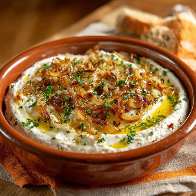 Labneh mit knusprigen Zwiebeln in einer rustikalen Schüssel, garniert mit frischer Petersilie und Olivenöl, von oben betrachtet.