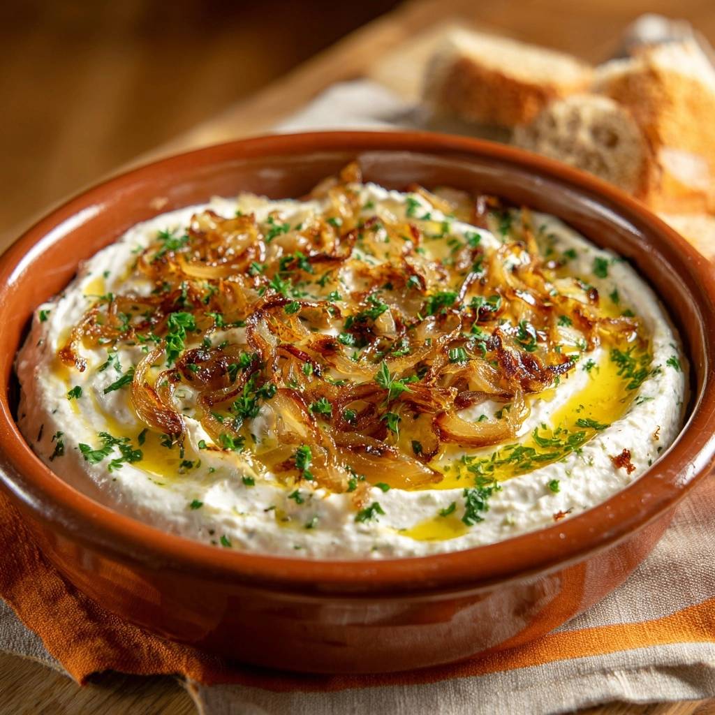 Labneh mit knusprigen Zwiebeln in einer rustikalen Schüssel, garniert mit frischer Petersilie und Olivenöl, von oben betrachtet.