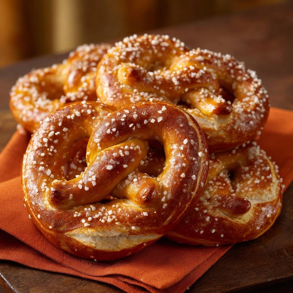 Laugenbrezeln wie beim Bäcker draufsicht: Köstliche, goldbraun gebackene Brezeln, mit grobem Salz bestreut und auf einem orangefarbenen Tuch drapiert.