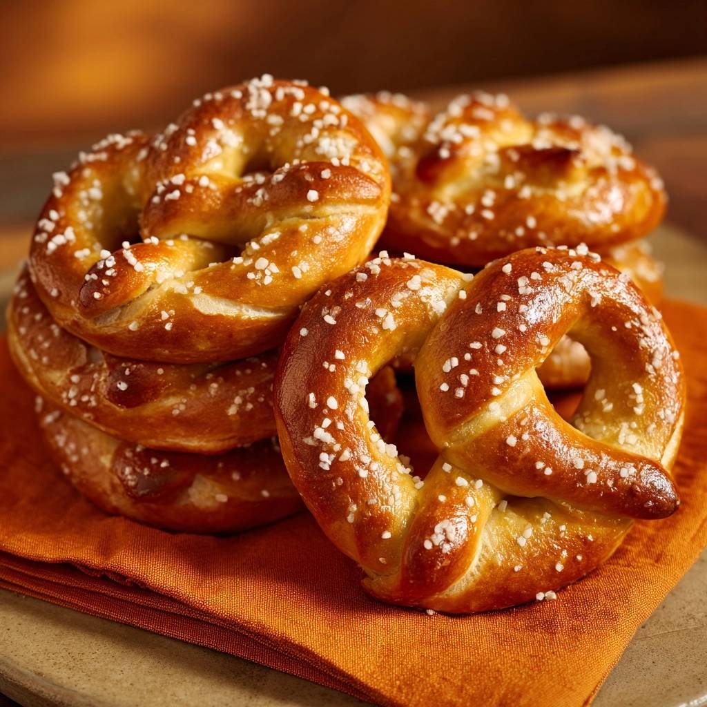 Laugenbrezeln wie beim Bäcker sind hier in einer Nahaufnahme zu sehen, mit grobem Salz bestreut und goldbraun gebacken.