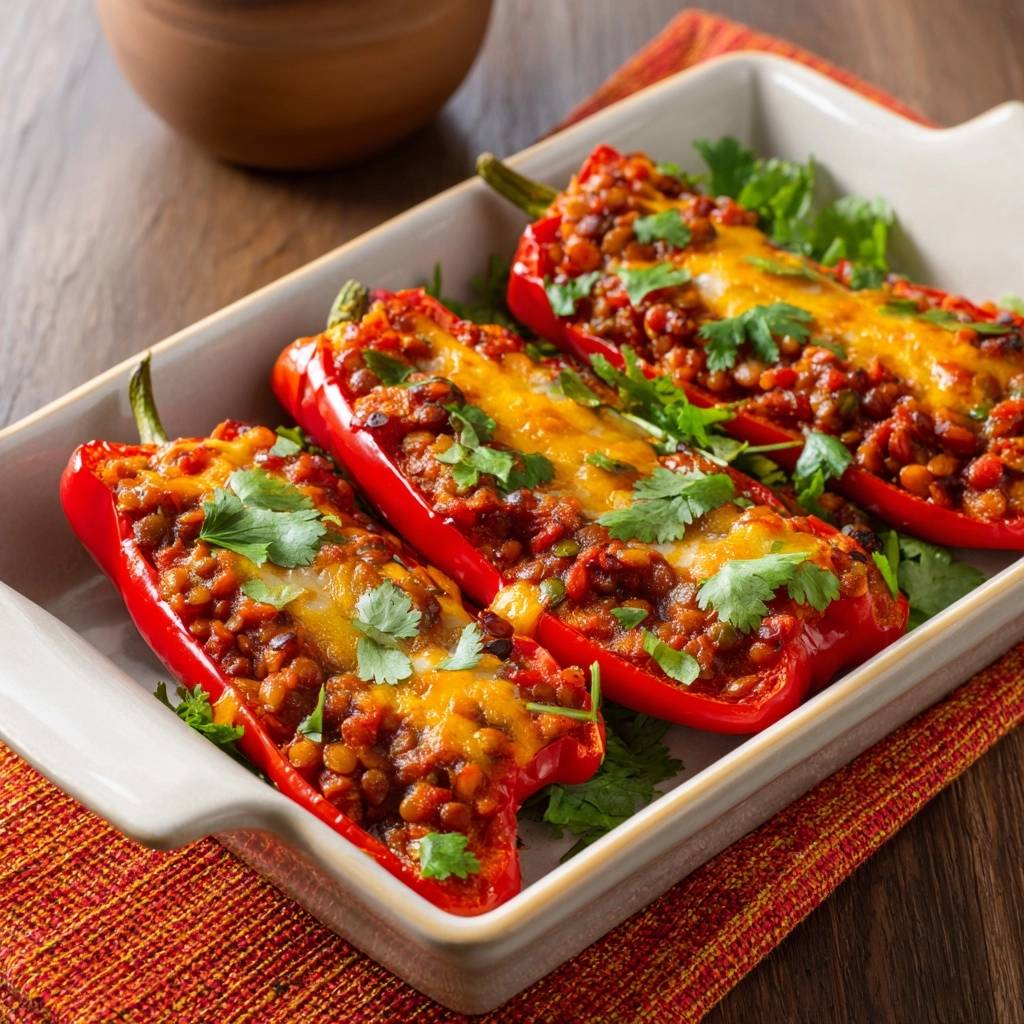 Linsen-gefüllte Paprika mit Käsekruste in einer Auflaufform, serviert mit frischen Kräutern, die von oben betrachtet werden. Die Paprika sind mit Linsen gefüllt.