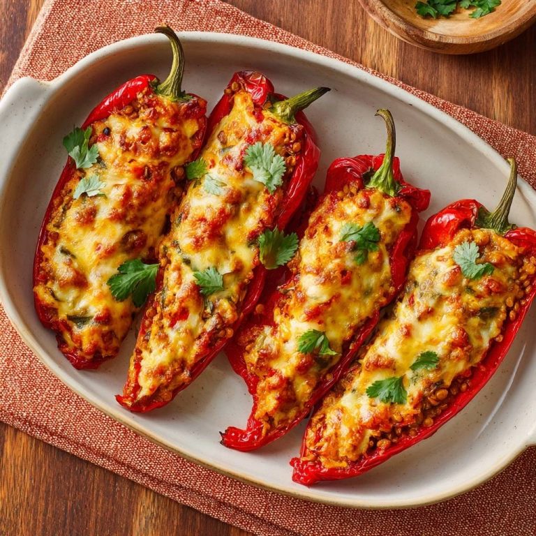 Linsen-gefüllte Paprika mit Käsekruste in einer Auflaufform, serviert mit frischen Kräutern, von oben betrachtet. Die gefüllten Paprika sind mit geschmolzenem Käse bedeckt.