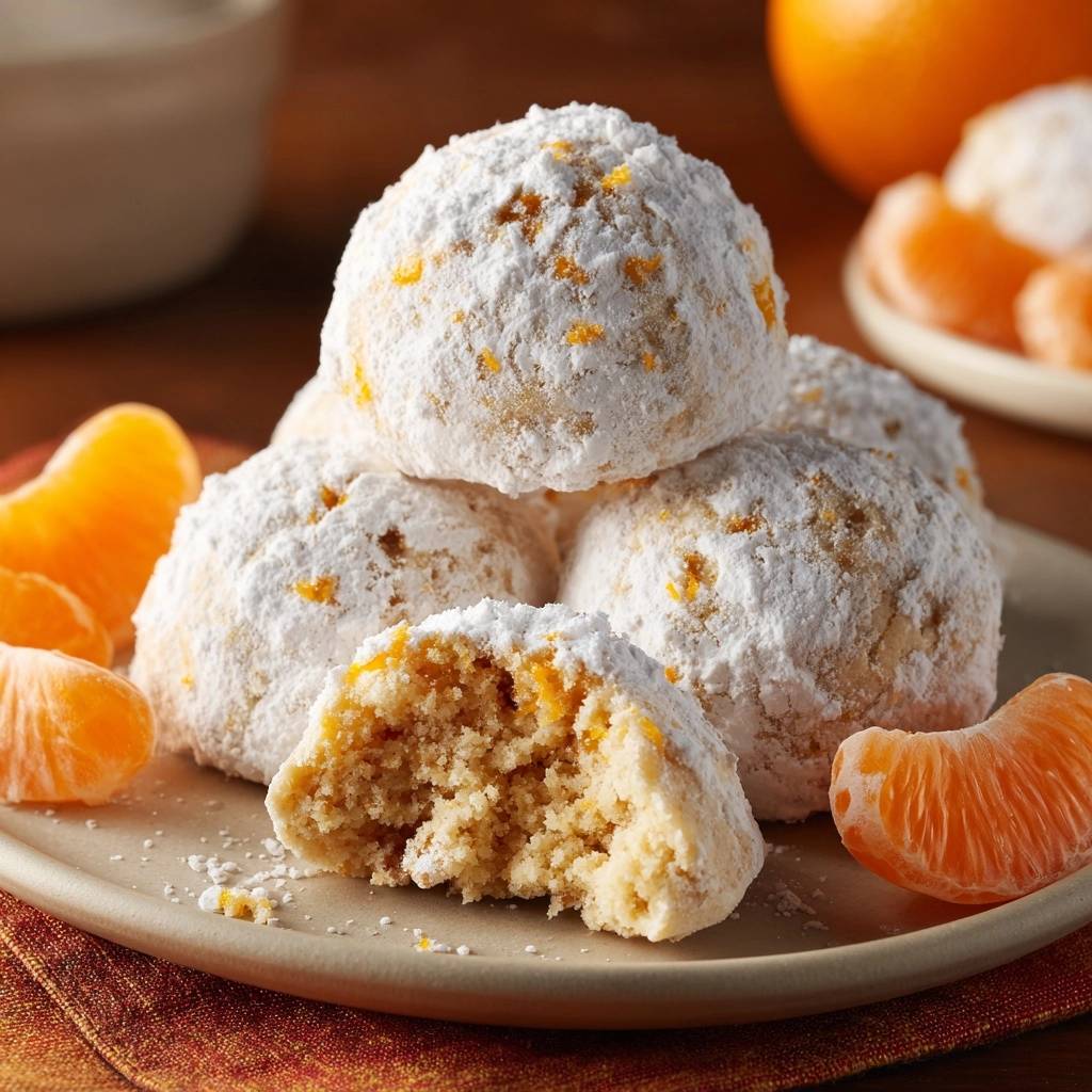 Mandarinen Schneeballchen Querschnitt 1 Mandarinen-Schneebällchen zeigen hier einen saftigen Querschnitt, der die Textur und die Zutaten des Gebäcks deutlich macht.